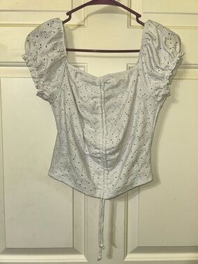 White Eyelet Square-Neck Puff Sleeve Top with Tie Front